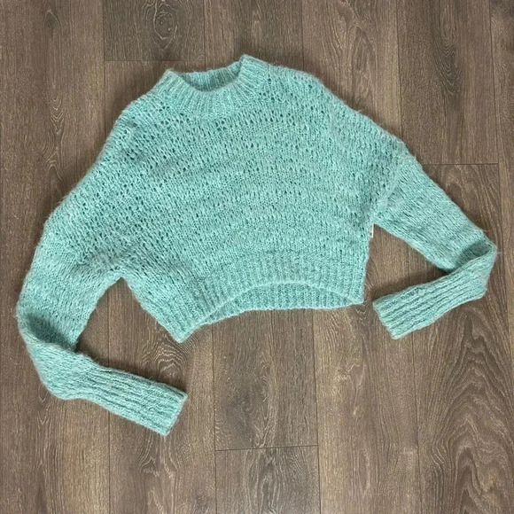 Aritzia Wilfred Lune Sweater Knit Cropped Crewneck Wool Oceanic Teal blue XS - Picture 4 of 13